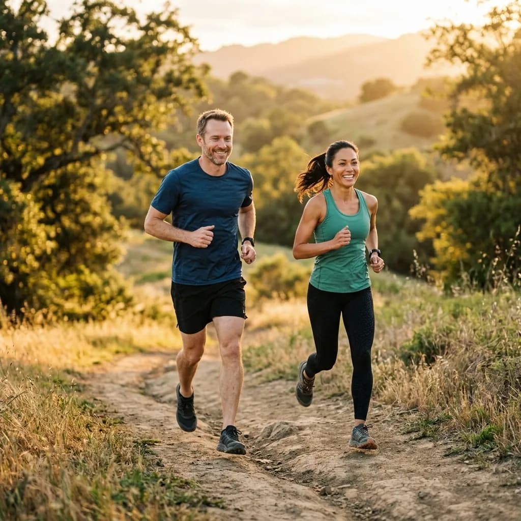 Fit couple jogging together at golden hour